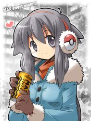 Rule 34 | 1girl, blue coat, brown gloves, buttons, can, canned coffee, closed mouth, coat, creatures (company), drink can, earmuffs, english text, engrish text, fur-trimmed sleeves, fur collar, fur trim, game freak, georgia max coffee, gloves, grey eyes, grey hair, heart, highres, holding, holding can, leaf (pokemon), long hair, long sleeves, nintendo, photo background, pokemon, pokemon frlg, ranguage, rascal (feuille), smile, solo, split mouth, upper body, winter clothes