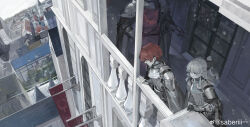 Rule 34 | 1girl, 2boys, absurdres, armor, balcony, black bow, blonde hair, bow, cape, chinese commentary, closed mouth, cloud, commentary request, day, expressionless, full armor, grey cape, grey eyes, hair bow, hair over eyes, hand on railing, head out of frame, highres, knight, long hair, looking afar, looking down, multiple boys, original, outdoors, outstretched hand, ponytail, red hair, saberiii, scenery, short hair, sky, snowing, town, watermark, weibo logo, weibo watermark, white sky, window