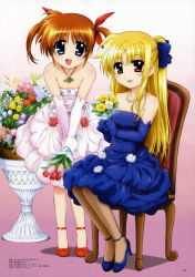 Rule 34 | 10s, 2girls, :d, absurdres, bare shoulders, blonde hair, blue dress, blue eyes, blue footwear, blue gloves, bouquet, bow, brown hair, chair, dress, elbow gloves, fate testarossa, flower, gloves, hair bow, high heels, highres, jewelry, long hair, lyrical nanoha, mahou shoujo lyrical nanoha, mahou shoujo lyrical nanoha the movie 1st, multiple girls, necklace, non-web source, official art, okuda yasuhiro, open mouth, pantyhose, print dress, purple eyes, red eyes, red footwear, shoes, short hair, short twintails, sitting, smile, strapless, strapless dress, takamachi nanoha, twintails, very long hair, white dress, white gloves
