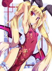 Rule 34 | 1girl, animal ears, arc system works, armpits, arms up, bare shoulders, bell, blazblue, blonde hair, blush, breasts, bridal garter, cameltoe, child, china dress, chinese clothes, covered erect nipples, cowboy shot, demon, dress, floral print, flying, frills, hair ribbon, hip focus, impossible clothes, legs, long hair, looking at viewer, monster, rabbit ears, rachel alucard, red dress, red eyes, ribbon, shiny skin, sleeveless, sleeveless dress, slit pupils, small breasts, solo, standing, toraishi 666, tsurime, twintails, wide hips, wings