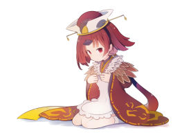 Rule 34 | 1girl, apron, beni shake, benienma (fate), blush, brown hair, brown hat, brown kimono, chibi, closed mouth, commentary request, fate/grand order, fate (series), full body, hands up, hat, japanese clothes, kimono, long sleeves, looking at viewer, red eyes, sitting, sleeves past wrists, socks, solo, wariza, white apron, white background, white socks, wide sleeves