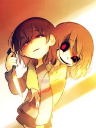 Rule 34 | androgynous, black sclera, brown hair, chara (undertale), colored sclera, cowboy shot, dark persona, evil smile, expressionless, frisk (undertale), gender request, half-closed eyes, holding, holding knife, holding weapon, hug, hug from behind, knife, looking at viewer, om (bmsm), parted lips, red eyes, reverse grip, shirt, shorts, smile, spoilers, striped clothes, striped shirt, undertale, upper body, weapon