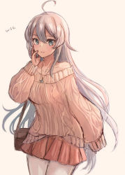 Rule 34 | 1girl, ahoge, bag, bare shoulders, grey eyes, hand on own cheek, hand on own face, handbag, jewelry, kantai collection, long hair, looking at viewer, necklace, off-shoulder sweater, off shoulder, official alternate costume, ribbed sweater, silver hair, skirt, solo, sweater, washington (kancolle), wss (nicoseiga19993411)