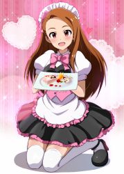 Rule 34 | 1girl, :d, alternate costume, black footwear, black skirt, blush, bow, bowtie, brown hair, cake, cake slice, enmaided, food, frills, fruit, full body, head tilt, heart, high heels, highres, hina (araburu-hinadori), idolmaster, idolmaster (classic), kneeling, lace, long hair, maid, maid headdress, mary janes, minase iori, open mouth, pink background, pink bow, pink bowtie, plate, pleated skirt, puffy short sleeves, puffy sleeves, raspberry, red eyes, revision, shadow, shirt, shoes, short sleeves, skirt, smile, solo, sparkle, swept bangs, thighhighs, white shirt, white thighhighs, zettai ryouiki