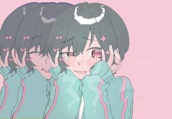 Rule 34 | 1girl, afterimage, aqua jacket, black hair, blush, bow, commentary request, crying, crying with eyes open, flower, furrowed brow, hair bow, hair flower, hair ornament, hands on own face, hands up, highres, jacket, kurari-chan (iyowa), kyu-kurarin (cevio), looking at viewer, multiple hair bows, open clothes, open jacket, open mouth, pink background, pink bow, pink eyes, pink flower, raised eyebrows, sad smile, shirt, short hair, simple background, song name, tears, track jacket, uemura (ueue sakuhinyou), uneven eyes, upper body, white shirt