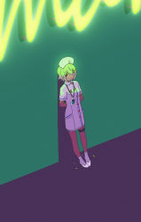 Rule 34 | 1girl, ahoge, arms behind back, breasts, cellphone, commentary request, dress, eyebrows hidden by hair, food, food-themed hair ornament, fruit, glowing, glowing hair, green hair, hair ornament, hair over one eye, hat, hayama marin, highres, lanyard, lime (fruit), lime hair ornament, lime slice, neon lights, nijisanji, nurse, nurse cap, phone, pill, purple socks, red eyes, shoes, sirataki umauma, small breasts, socks, solo, virtual youtuber, white dress, white footwear, white hat