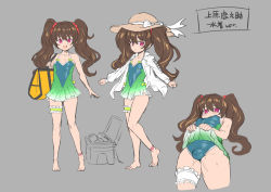 Rule 34 | 1boy, alternate hairstyle, androgynous, bag, bare legs, bare shoulders, barefoot, blush, brown hair, bulge, character sheet, clothes lift, covered navel, crossdressing, embarrassed, erection, erection under clothes, full body, green one-piece swimsuit, hat, highres, holding, holding bag, lifted by self, lilith-soft, long hair, long twintails, looking at viewer, looking down, multiple views, nipples, obui, one-piece swimsuit, open mouth, pink eyes, precum, skirt, skirt lift, sun hat, swimsuit, taimanin (series), taimanin asagi, taimanin rpgx, toes, translation request, trap, twintails, uehara shikanosuke, very long hair