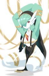 Rule 34 | 1girl, armpits, arms up, barefoot, black headwear, black skirt, blurry, bob cut, bound, bound arms, breasts, clothed pokemon, colored skin, creatures (company), cross, depth of field, detached collar, female focus, full body, game freak, gardevoir, gen 3 pokemon, gold trim, green hair, green skin, habit, hair over one eye, high-waist skirt, highres, latin cross, looking at viewer, medium breasts, multicolored skin, nintendo, no panties, nun, one eye covered, open mouth, own hands together, peach-cup, pelvic curtain, personification, pokemon, pokemon (creature), red eyes, revealing clothes, ribbon, ribbon bondage, short hair, skirt, solo, squatting, thick thighs, thighs, two-tone skin, white background, white skin, yellow ribbon