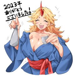 Rule 34 | +++, 1girl, 2023, :d, blonde hair, blue kimono, blush, bottle, breasts, choko (cup), cleavage, commentary request, cropped torso, cup, fang, fugaku (miko no miyatsuguchi), highres, holding, holding bottle, holding cup, horns, hoshiguma yuugi, hoshiguma yuugi (kimono), japanese clothes, kimono, large breasts, long hair, obi, off shoulder, official alternate costume, open mouth, pointy ears, red horns, red sash, sash, simple background, single horn, smile, solo, star (symbol), tokkuri, touhou, translation request, upper body, white background