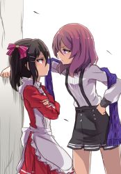 Rule 34 | 10s, 2girls, apron, black hair, bow, commentary request, crossed arms, face-to-face, hair bow, hair ornament, hairpin, hand on own hip, height difference, kabedon, love live!, love live! school idol festival, love live! school idol project, maid apron, multiple girls, nishikino maki, overall skirt, red eyes, red hair, scarf, shipii (jigglypuff), short hair, skirt, suspender skirt, suspenders, tree, twintails, yazawa nico, yuri