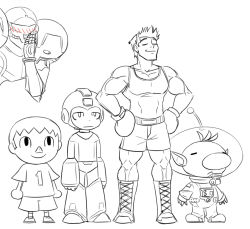 Rule 34 | 1girl, 4boys, alien, animal crossing, blush, capcom, commentary, covering own mouth, crossover, hands on own hips, height chart, jitome, little mac, matsu-sensei, mega man (character), mega man (classic), mega man (series), metroid, multiple boys, multiple crossover, muscular, nintendo, olimar, pikmin (series), pointy ears, punch-out!!, samus aran, simple background, smug, spacesuit, super smash bros., villager (animal crossing), white background