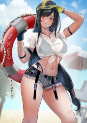 Rule 34 | 1girl, absurdres, arialla draws, arm strap, baseball cap, black gloves, black hair, blue sky, breasts, cloud, day, denim, denim shorts, final fantasy, final fantasy vii, final fantasy vii ever crisis, fingerless gloves, gloves, grin, hat, highres, holding, holding swim ring, innertube, jewelry, large breasts, long hair, looking at viewer, low-tied long hair, navel, official alternate costume, outdoors, pendant, red eyes, short shorts, shorts, sky, smile, solo, stomach, swept bangs, swim ring, thighs, tifa lockhart, tifa lockhart (lifeguard), very long hair