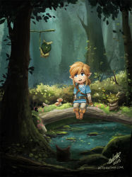 Rule 34 | 1boy, bettykwong, blonde hair, blue eyes, blue shirt, boots, brown footwear, bush, chibi, flying, forest, korok, leaf, light rays, link, log, looking at another, moss, mushroom, nature, nintendo, pointy ears, pond, shirt, sitting, smile, sunbeam, sunlight, the legend of zelda, the legend of zelda: breath of the wild