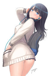 Rule 34 | 1girl, arched back, arm up, ass, backpack, bag, black hair, blue eyes, blush, breasts, cardigan, cowboy shot, earphones, from behind, gridman universe, hand in pocket, hand to head, legs together, long hair, long sleeves, looking at viewer, looking back, medium breasts, microskirt, parted lips, pleated skirt, scrunchie, shiny skin, signature, simple background, skirt, solo, ssss.gridman, standing, sweater, takarada rikka, thighs, tony taka, white background, white cardigan, wrist scrunchie