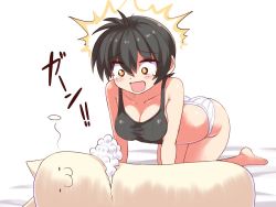 Rule 34 | 1girl, all fours, ass, barefoot, black hair, blush, body pillow, breasts, cleavage, cougar (cougar1404), large breasts, nari (cougar1404), panties, pillow, solo, sports bra, tears, underwear, white panties, yellow eyes