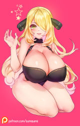 Rule 34 | 1girl, bare shoulders, blonde hair, breasts, cleavage, covered navel, cowboy shot, creatures (company), cynthia (pokemon), fur trim, game freak, hair over one eye, halterneck, hand up, highleg, highleg leotard, huge breasts, leotard, long hair, looking at viewer, nintendo, parted lips, pokemon, pokemon dppt, solo, sumisumii, very long hair, yellow eyes