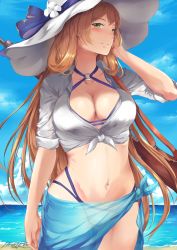 Rule 34 | 1girl, adjusting hair, arm at side, artist name, beach, bikini, blue sarong, blue sky, blush, bolt action, breasts, cleavage, closed mouth, cloud, collarbone, collared shirt, cowboy shot, criss-cross halter, day, female focus, girls&#039; frontline, green eyes, groin, gun, hair between eyes, hair rings, halterneck, hand up, hat, highleg, highleg bikini, highleg swimsuit, highres, hiroki ree, large breasts, legs, light brown hair, long hair, looking at viewer, m1903 springfield, navel, neck, o-ring, o-ring bikini, o-ring swimsuit, o-ring top, ocean, official alternate costume, open clothes, open shirt, outdoors, rifle, sand, sarong, see-through, shirt, sidelocks, signature, sky, sleeves rolled up, smile, solo, springfield (girls&#039; frontline), springfield (stirring mermaid) (girls&#039; frontline), standing, stomach, summer, sun hat, swimsuit, thighs, tied shirt, water, weapon, weapon on back, white bikini, white hat, white shirt