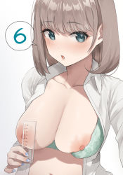 Rule 34 | 1girl, :o, areola measuring, aumann, blue eyes, blue nails, blush, bra, bra pull, breasts, brown hair, cleavage, clothes pull, collarbone, collared shirt, green bra, highres, holding, large areolae, large breasts, looking at viewer, measuring, nail polish, navel, nipple slip, nipples, one breast out, open clothes, open mouth, open shirt, original, ruler, shirt, short hair, simple background, solo, speech bubble, spoken number, underwear, white background, white shirt