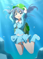 Rule 34 | 1girl, backpack, bag, blue eyes, blue hair, boots, bubble, bwell, dress, female focus, hair bobbles, hair ornament, hands on own head, hat, kawashiro nitori, key, long sleeves, looking at viewer, matching hair/eyes, midriff, navel, open mouth, pocket, rubber boots, shirt, short hair, skirt, skirt set, smile, solo, touhou, twintails, two side up, underwater, wet, wet clothes