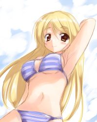 1girl armpits bad_id bad_pixiv_id bikini blonde_hair brown_eyes female_focus gradient_background k-on! kotobuki_tsumugi long_hair navel sketch smile solo striped_bikini striped_clothes swimsuit take_shinobu takesinobu