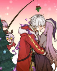 Rule 34 | 2boys, 2girls, :d, aura, child, christmas, christmas tree, commission, dark aura, dark persona, family, father and daughter, father and son, fire emblem, fire emblem: the binding blade, fire emblem awakening, fire emblem heroes, fishing rod, gradient background, green eyes, grima (fire emblem), hat, hetero, heterochromia, highres, hug, husband and wife, idunn (fire emblem), kiss, light purple hair, merry christmas, mistletoe, morgan (female) (fire emblem), morgan (fire emblem), morgan (male) (fire emblem), mother and daughter, mother and son, multiple boys, multiple girls, nintendo, open mouth, purple eyes, ritence, robe, robin (fire emblem), robin (male) (fire emblem), robin (male) (winter) (fire emblem), santa costume, santa hat, simple background, smile, white hair