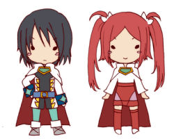 Rule 34 | 1boy, 1girl, belt, black hair, cape, long hair, lowres, lukius bridges, red hair, rommy, short hair, tales of (series), tales of the tempest, twintails