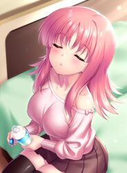 Rule 34 | 1girl, backlighting, bare shoulders, black thighhighs, blush, bottle, breasts, brown skirt, closed eyes, collarbone, commentary request, commission, cowboy shot, facing viewer, hair between eyes, holding, holding bottle, indoors, kouno harumi, large breasts, lips, long hair, long sleeves, miniskirt, no bra, off-shoulder sweater, off shoulder, on bed, pink hair, pink sweater, pleated skirt, pov, puckered lips, school uniform, sidelocks, sitting, skeb commission, skirt, solo, sweater, thighhighs, to heart (series), to heart 2, waiting for kiss, zen (kamuro), zettai ryouiki