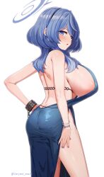 Rule 34 | 1girl, ako (blue archive), ako (dress) (blue archive), ass, backless dress, backless outfit, blue archive, blue dress, blue eyes, blue hair, blue halo, blush, breasts, cowboy shot, cuffs, dress, earrings, halo, handcuffs, highres, jewelry, large breasts, long hair, marota, official alternate costume, open mouth, simple background, solo, twitter username, white background