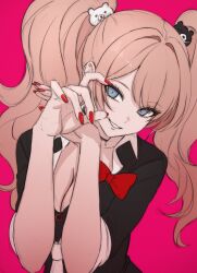 Rule 34 | 1girl, aroma da33, bear hair ornament, black shirt, bow, breasts, cleavage, danganronpa: trigger happy havoc, danganronpa (series), enoshima junko, grey eyes, grin, hair ornament, hands up, highres, large breasts, long hair, necktie, pink background, red bow, red nails, shirt, short sleeves, simple background, smile, solo, teeth, twintails, upper body, white necktie, white shirt