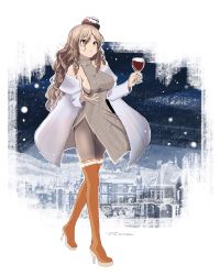 Rule 34 | 1girl, alternate costume, boots, breasts, brown eyes, coat, cup, dress, drinking glass, full body, hat, high heel boots, high heels, highres, holding, holding cup, kantai collection, large breasts, light brown hair, long sleeves, mini hat, open clothes, open coat, orange footwear, pantyhose, pola (kancolle), sideboob, solo, standing, sweater, sweater dress, tada (tactical tada), thigh boots, thighhighs, tilted headwear, turtleneck, turtleneck sweater, wavy hair, white coat, wine glass