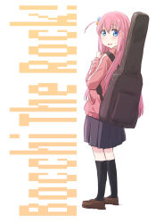 Rule 34 | 1girl, black skirt, black socks, blue eyes, blush, bocchi the rock!, brown footwear, copyright name, cube hair ornament, full body, gotoh hitori, hair between eyes, hair ornament, highres, instrument case, jacket, kneehighs, long hair, long sleeves, maruyo, one side up, open mouth, pink hair, pink jacket, pleated skirt, shoes, simple background, skirt, socks, solo, track jacket, white background