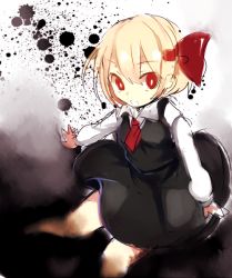 Rule 34 | 1girl, :o, black skirt, black vest, blonde hair, collared shirt, darkness, hair between eyes, hair ribbon, long sleeves, looking at viewer, necktie, open mouth, paragasu (parags112), red eyes, red necktie, ribbon, rumia, shirt, short hair, skirt, skirt set, solo, touhou, vest, white shirt