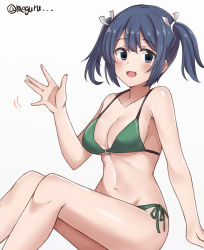 Rule 34 | 1girl, bikini, blue eyes, blue hair, breasts, cleavage, commentary request, green bikini, kantai collection, large breasts, looking at viewer, meguru (megurunn), o-ring, o-ring bikini, o-ring top, side-tie bikini bottom, simple background, sitting, solo, souryuu (kancolle), swimsuit, twintails, twitter username, waving, white background