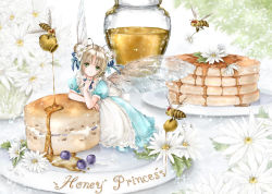 Rule 34 | 1girl, bee, biscuit (bread), blonde hair, blueberry, bow, bug, double bun, dress, flower, food, food focus, fruit, green eyes, hair bow, hair bun, hair flower, hair ornament, hair ribbon, honey, insect, kneeling, long hair, mini person, minigirl, open mouth, original, pancake, plate, ribbon, shiitake (gensoudou), smile, solo, wings