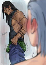 Rule 34 | 2boys, absurdres, aguzcm, arm tattoo, ass, bara, bare arms, blush, bouncing ass, bouncing bulge, bulge, bulge lift, dark-skinned male, dark skin, denim, dollar sign, dressing, feet out of frame, from side, frown, green eyes, green male underwear, grey hair, hidan (naruto), highres, i&#039;ve never seen a guy recreate this successfully tbh (meme), jeans, kakuzu (naruto), large pectorals, long hair, looking down, male focus, male underwear, meme, motion lines, multiple boys, muscular, muscular male, naruto (series), naruto shippuuden, never seen a guy recreate this (meme), open pants, pants, pants lift, pectorals, print male underwear, sidepec, solo focus, standing, stitches, tattoo, undersized clothes, underwear, veins, veiny arms, yaoi