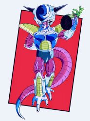 Rule 34 | 1boy, absurdres, alien, arm behind back, armor, blood, collarbone, colored skin, dragon ball, dragonball z, frieza, full body, green skin, highres, holding limb, horns, looking at viewer, multicolored skin, oharu2000, open mouth, purple blood, red eyes, saiyan armor, scouter, severed limb, simple background, solo, tail, teeth, upper teeth only