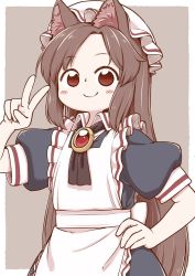 Rule 34 | 1girl, aged down, animal ears, apron, ascot, brooch, brown hair, child, commentary, commentary request, frilled apron, frills, hand on own hip, hat, imaizumi kagerou, jewelry, long hair, looking at viewer, maid, maid apron, mob cap, poronegi, puffy short sleeves, puffy sleeves, red eyes, short sleeves, simple background, smile, touhou, v, wolf ears