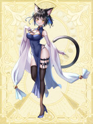 Rule 34 | 1girl, 8931ponzu, animal ears, bare shoulders, black hair, black thighhighs, blue dress, blue footwear, breasts, cat ears, cat girl, cat tail, chain paradox, character request, china dress, chinese clothes, claw ring, cleavage, cleavage cutout, clothing cutout, colored inner hair, covered navel, dress, elbow gloves, fang, full body, gloves, gold trim, high heels, highres, knife belt, kunai, large breasts, looking at viewer, multicolored hair, no panties, pelvic curtain, short hair, sleeveless, sleeveless dress, smile, solo, standing, streaked hair, tail, thigh strap, thighhighs, thighs, weapon, white gloves, yellow eyes