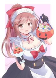 Rule 34 | 1girl, alternate costume, bag, bare shoulders, black gloves, blush, border, breasts, brown eyes, cleavage, commentary request, dress, enmaided, frilled dress, frills, gloves, halloween, highres, holding, holding bag, kantai collection, large breasts, long hair, looking at viewer, maid, maid headdress, mamiya (kancolle), one-hour drawing challenge, open mouth, pink background, ponytail, shizuna kaede, simple background, smile, solo, twitter username, white border