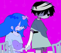 1boy 1girl aubrey_(headspace)_(omori) aubrey_(omori) bandaged_head bandages black_eyes black_hair blue_shirt blush_stickers closed_eyes eyepatch highres holding holding_hands holding_stuffed_toy hospital_gown kobanzame_omo long_hair looking_at_another medical_eyepatch mr._plantegg_(omori) omori open_mouth purple_background purple_hair shirt short_hair short_sleeves simple_background smile spoilers stuffed_eggplant stuffed_toy sunny_(omori) t-shirt