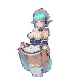 Rule 34 | 1girl, android, android mk.99, angry, apron, blue hair, blush, bow, detached collar, detached sleeves, disgust, emblem, female focus, frills, guardian tales, highres, insignia, joker.z, leggings, maid, maid apron, maid headdress, panties, pink eyes, pout, robot girl, short hair, solo, underwear, white background, white leggings, white panties