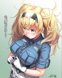 Rule 34 | 1girl, absurdres, blonde hair, blue eyes, blue shirt, breasts, collared shirt, gambier bay (kancolle), hairband, highres, kantai collection, large breasts, long hair, shirt, short sleeves, soba chatarou (tita), solo, twintails, upper body