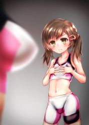Rule 34 | 2girls, blurry, breast envy, breasts, brown hair, commentary request, depth of field, flat chest, gundam, gundam breaker 3, highres, hoshino fumina, multiple girls, satsukino misa, small breasts, solo focus, sports bra, standing, suizen no mimi, two-tone sports bra