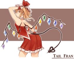 Rule 34 | 1girl, back, blonde hair, blush, closed mouth, cowboy shot, demon girl, demon tail, detached collar, dress, eyebrows, flandre scarlet, frilled skirt, frills, from behind, hair ribbon, hand in own hair, hand on own head, hat, hat ribbon, kaginoni, looking at viewer, looking back, miniskirt, mob cap, pleated skirt, red dress, red eyes, red ribbon, red skirt, red vest, ribbon, short hair, side ponytail, skirt, skirt set, sleeveless, sleeveless dress, solo, tail, touhou, vest, wings