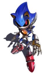 Rule 34 | 1boy, claws, commentary, highres, looking at viewer, metal sonic, red eyes, red footwear, robot, shadow, snartles, solo, sonic (series), sonic cd, sonic the hedgehog (classic), white background