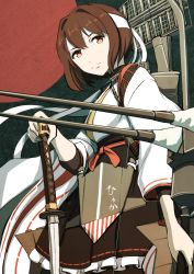 Rule 34 | 1girl, blush, boushi-ya, bow (weapon), brown eyes, brown hair, closed mouth, dual wielding, frilled skirt, frills, headband, holding, hyuuga (kancolle), japanese clothes, kantai collection, katana, long sleeves, non-web source, rigging, short hair, skirt, solo, sword, undershirt, weapon, wide sleeves