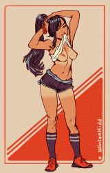 Rule 34 | 1girl, armpits, arms up, black hair, black shorts, black socks, breasts, camisole, clothes lift, final fantasy, final fantasy vii, highres, long hair, medium breasts, mouth hold, navel, parted lips, ponytail, red footwear, scrunchie, shirt lift, shoes, shorts, signature, smile, socks, solo, tan, tanline, tifa lockhart, very long hair, white camisole, winton kidd, wrist scrunchie