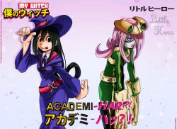 Rule 34 | 10s, 2girls, asui tsuyu, boku no hero academia, commentary, copyright name, cosplay, costume switch, gloves, green eyes, green hair, hat, highres, little witch academia, melisaongmiqin, multiple girls, parody, pink hair, red eyes, sucy manbavaran, title parody, tongue, tongue out, witch hat