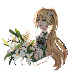 Rule 34 | 1girl, :d, bamboo nima, bianka durandal ataegina, bianka durandal ataegina (bright knight: excelsis), blonde hair, blue eyes, bouquet, character name, earrings, flower, hair between eyes, hair flower, hair ornament, highres, holding, holding bouquet, honkai (series), honkai impact 3rd, jewelry, long hair, looking at viewer, open mouth, ponytail, simple background, smile, solo, white background, white flower