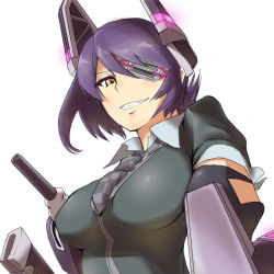 Rule 34 | 10s, 1girl, checkered clothes, checkered necktie, checkered neckwear, eyepatch, from below, gloves, grin, headgear, kantai collection, looking at viewer, machinery, necktie, orange eyes, personification, purple hair, scabbard, shao (newton), sheath, short hair, smile, solo, tenryuu (kancolle), turret